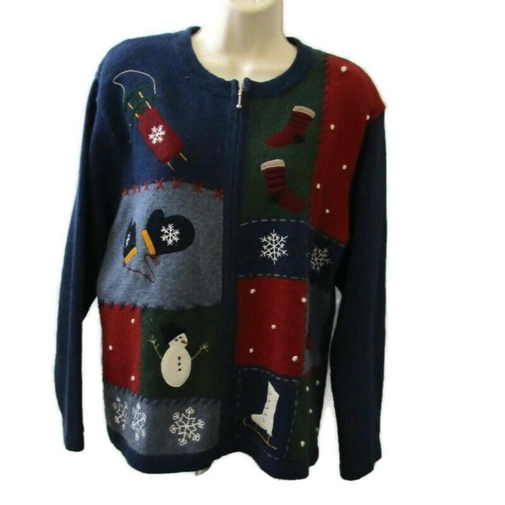 Christmas Full Zip Sweater Sz Large Snowman Snowflakes Croft & Barrow Colorblock
